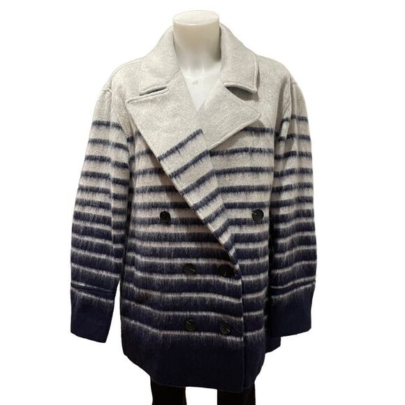 AVEC LES FILLES SAILOR STRIPE DOUBLE-BREASTED‎ PEACOAT, blue gray sz medium NEW! - Picture 3 of 12